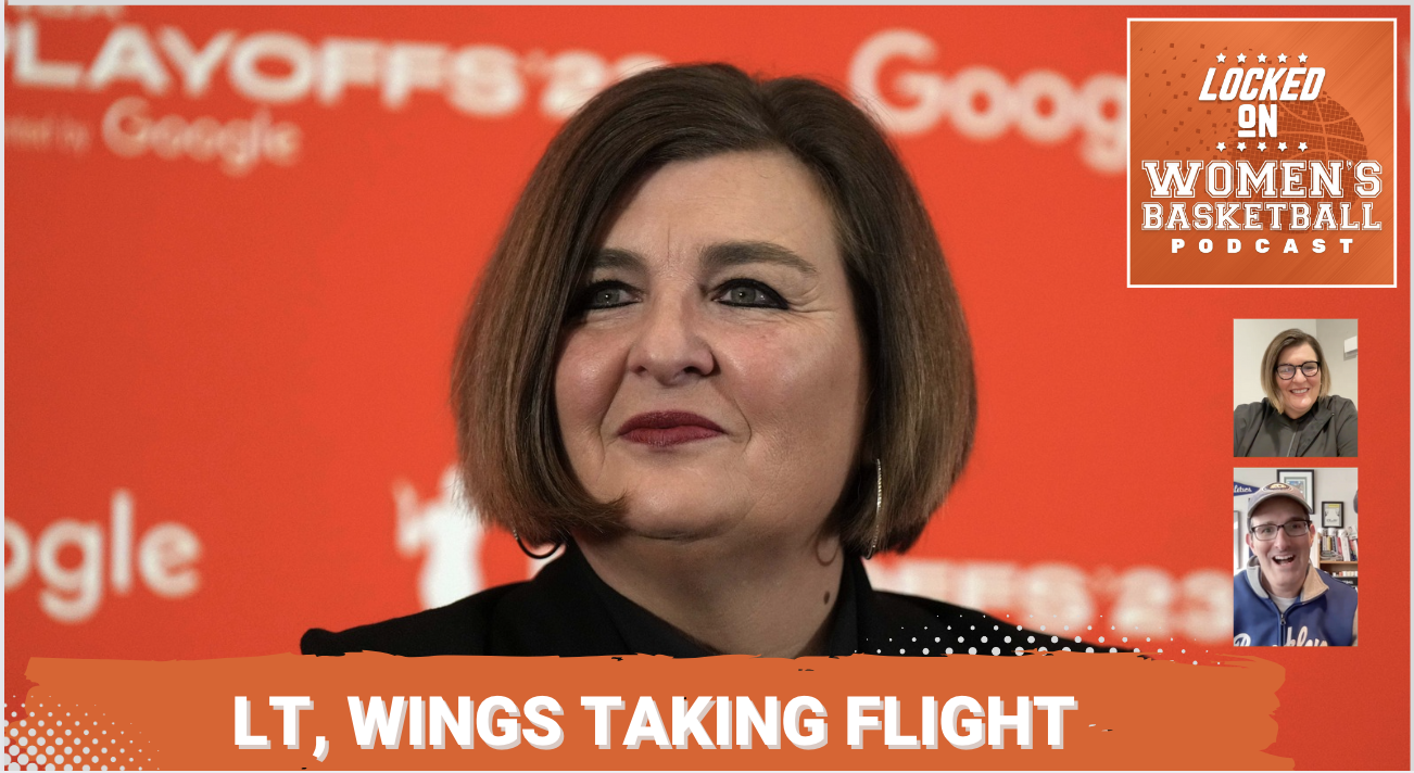 Graphic with photo of Latricia Trammell in front of an orange background with the Google and WNBA playoffs logos. Locked On Women's Basketball logo at top right. Text below reads "LT, Wings taking flight". Headshots of guest Latricia Trammell and host Howard Megdal at lower right.